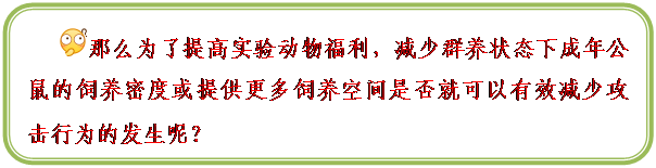 圆角矩形: 那么为了提高实验动物福利,减少群养状态下成年公鼠的饲养密度或提供更多饲养空间是否就可以有效减少攻击行为的发生呢?